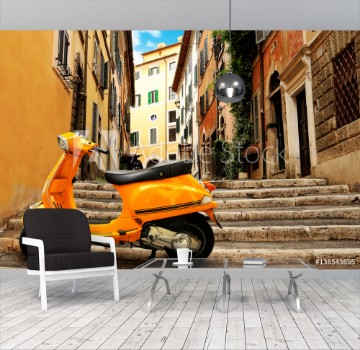 Picture of Orange vintage scooter on the background of Rome street